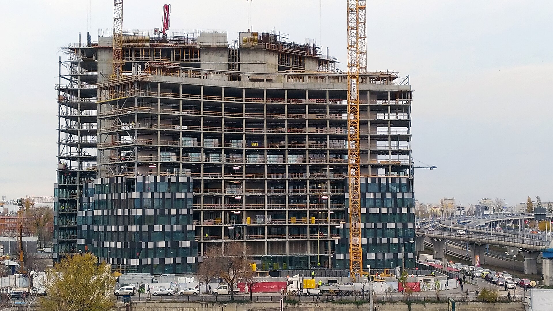 Orhideea Tower under construction with cranes in Bucharest, Romania, in 2017
